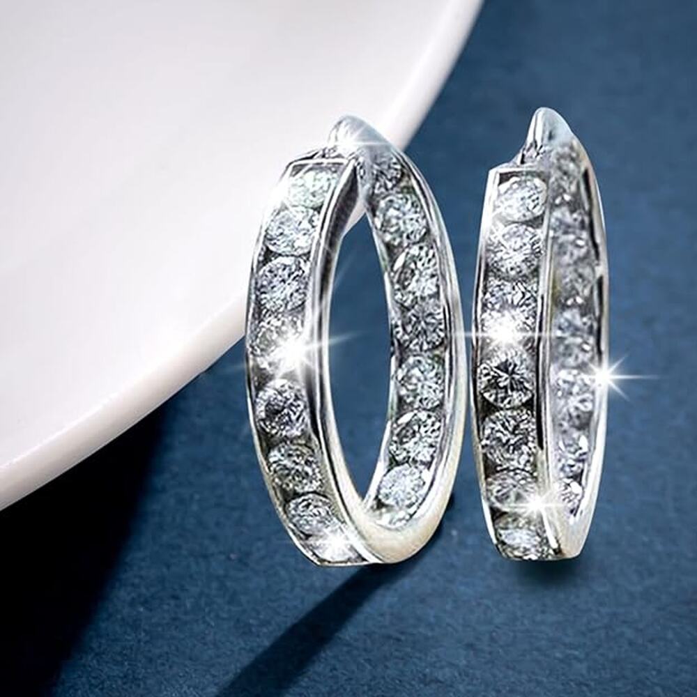 Silver Tone Clear Stone Huggie Hoop Earrings 15mm New